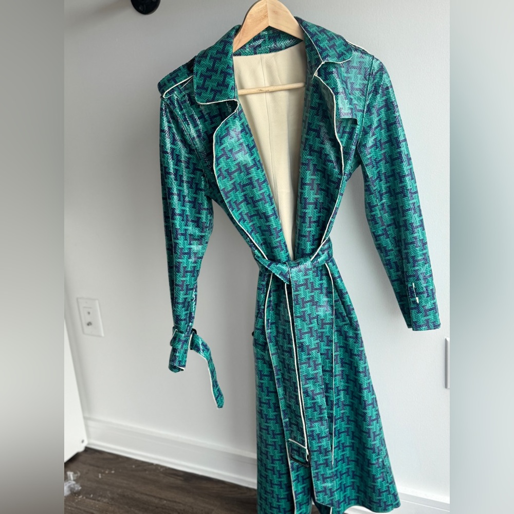 Teal Houndstooth Long Trench Coat - Women's - Picture 4 of 4